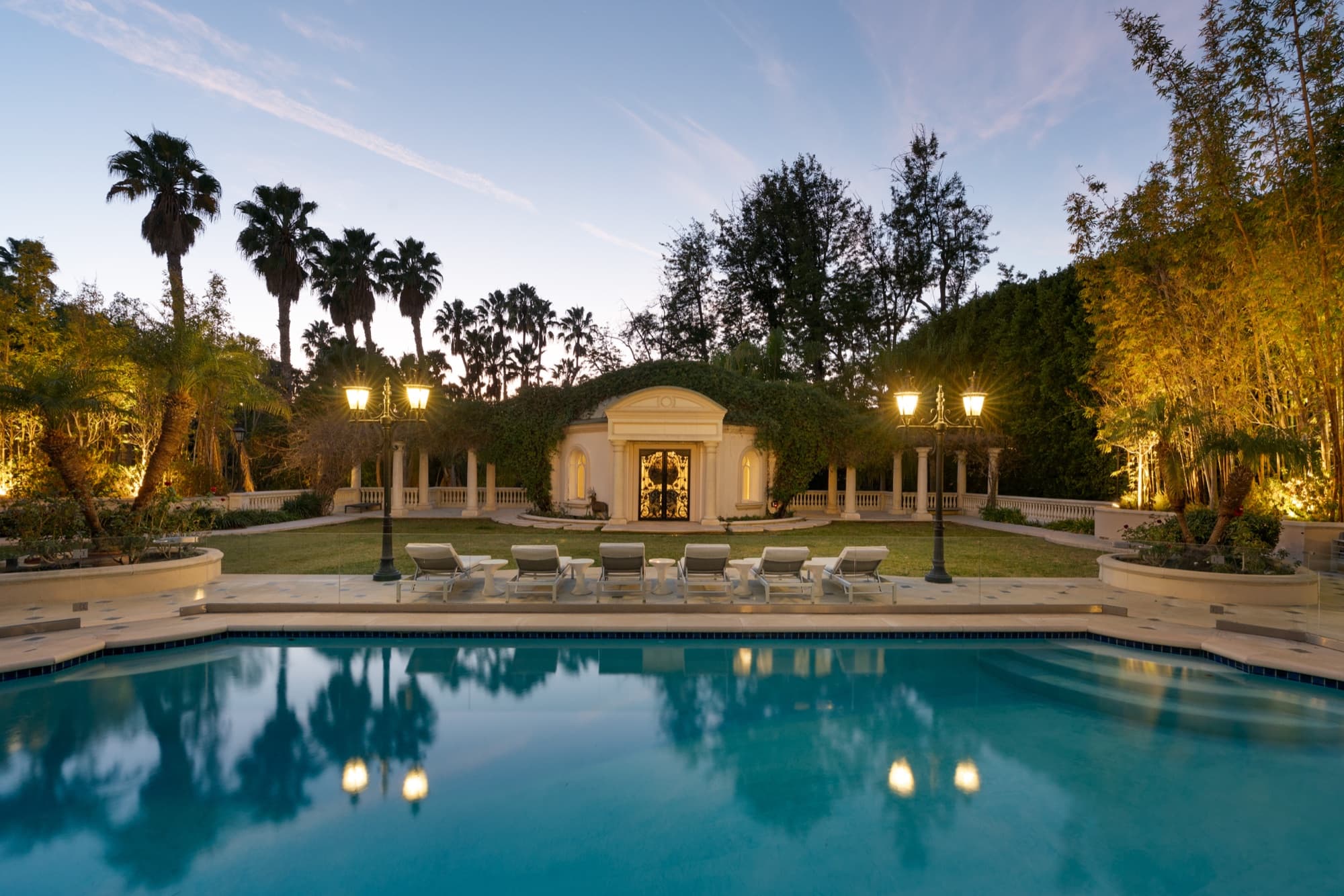 Twilight real estate photography of a Los Angeles estate with pool